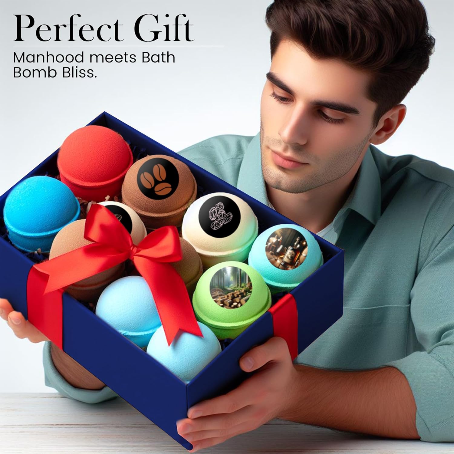 Man holding a box of colorful bath bombs with a red ribbon, text 'Perfect Gift' and 'Manhood meets Bath Bomb Bliss'.